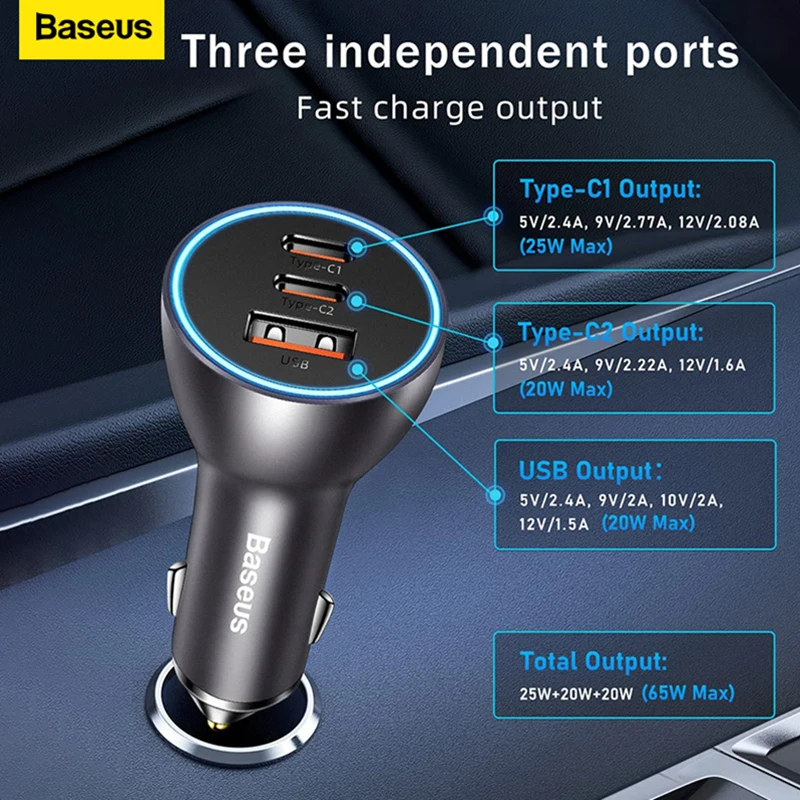 Baseus 65W USB Type C Car Charger Quick Charge QC 4.0 PD 3.0 Fast Charge Charger in Car For iPhone 13 Pro Xiaomi Samsung Huawei car charger car phone charger