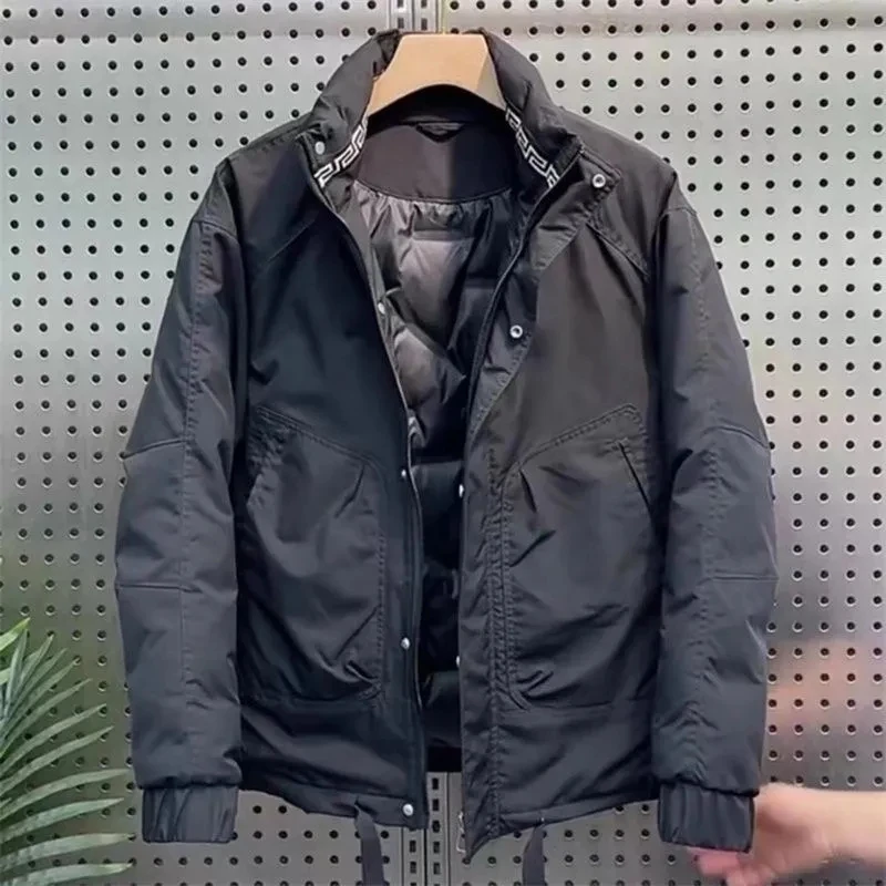 

Cotton-padded Jacket for Men Simple Stand Collar American Casual Personality Large Pockets Winter Male Warm Cargo Parka Coat