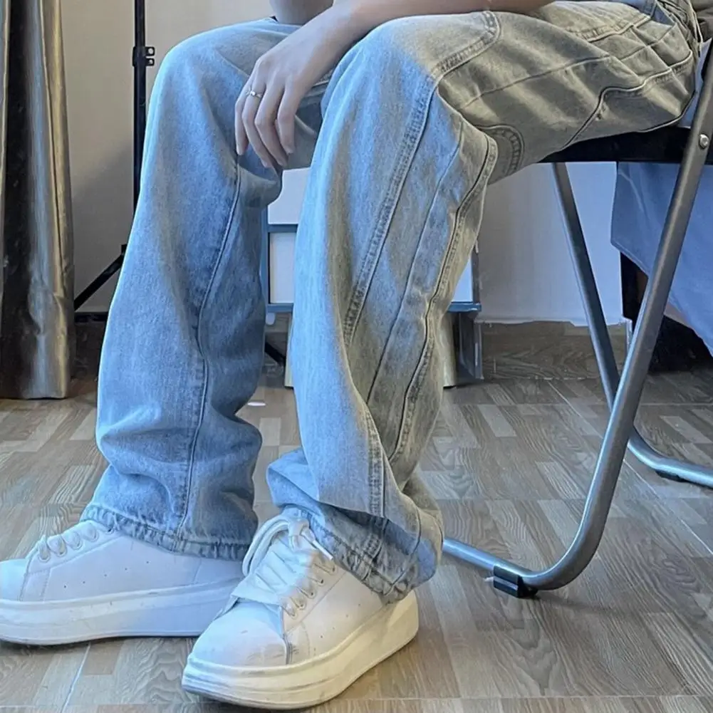 

Men Pants Comfortable Wide Leg Men's Pants with Breathable Fabric Multiple Pockets for Mid Waist Full Length Loose Fit Zipper