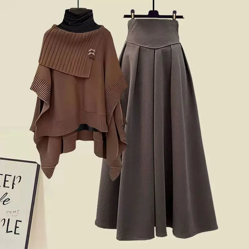 

Spring Autumn Three Piece Skirt Set Long Sleeve Blouse+Shawl+High Waist A Line Skirt Crop Top Skirt Casual Outfits