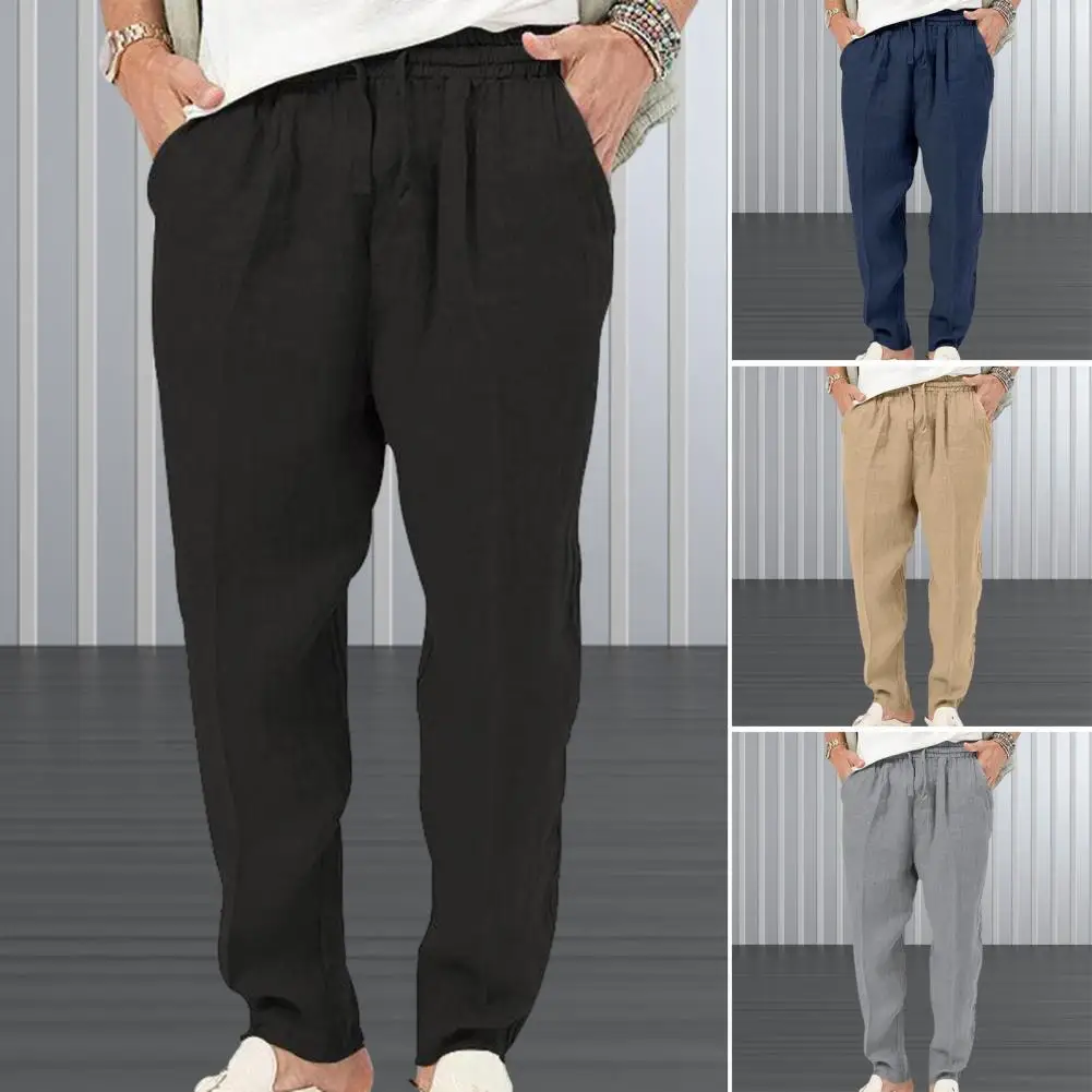 

Adjustable Waist Men Pants Streetwear Men's Casual Trousers Straight Leg Pants with Elastic Waistband Drawstring Pockets for A