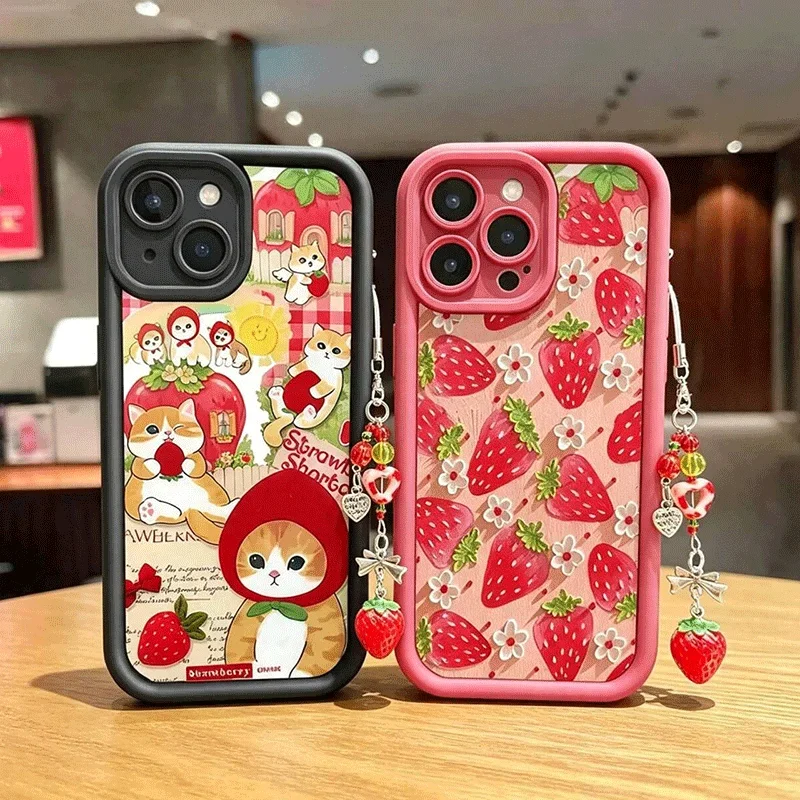 Adorable Strawberry Cat Chain Phone Case Cover