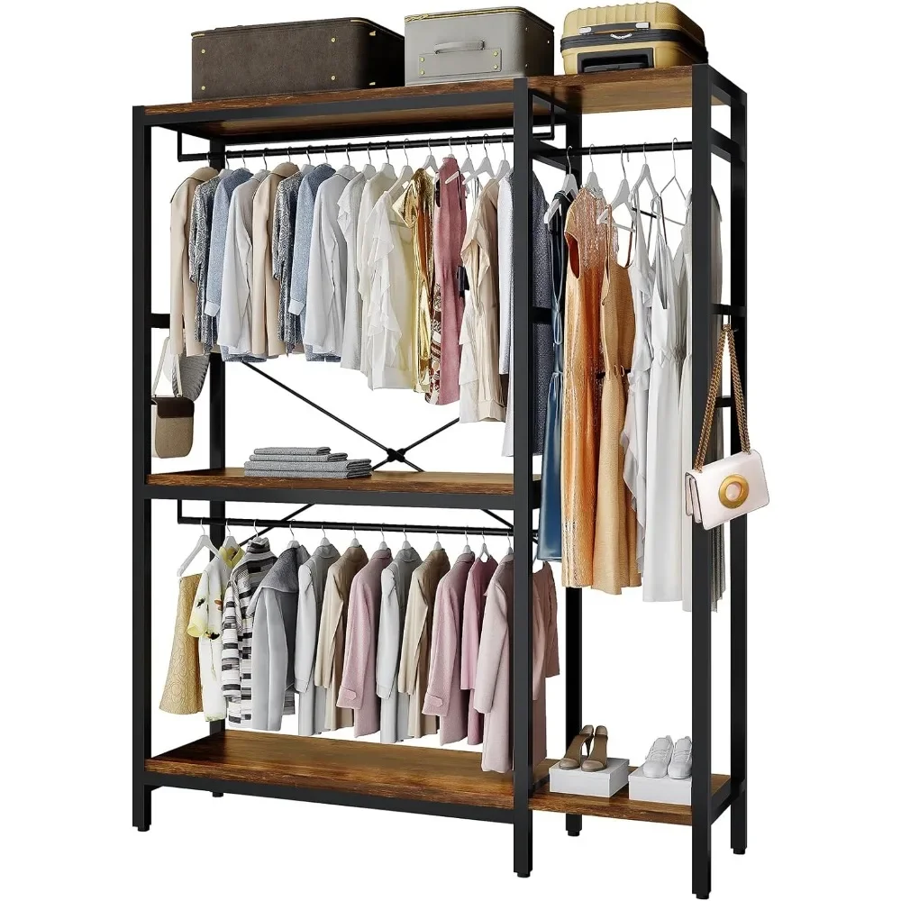 

Wardrobe storage rack, hanger with shelves and 4 side hooks, independent metal wooden closet storage box, wardrobe
