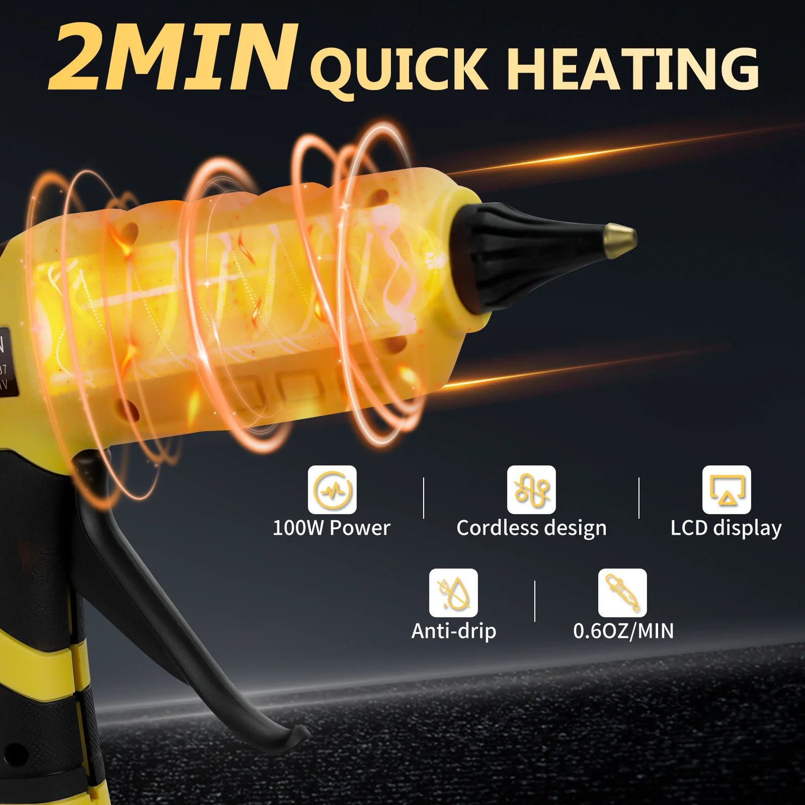 100W Cordless Hot Melt Glue Gun 100℃-200℃ LCD Digital Display with 10pcs 11mm Glue Sticks for Dewalt 20V Battery (No Battery)
