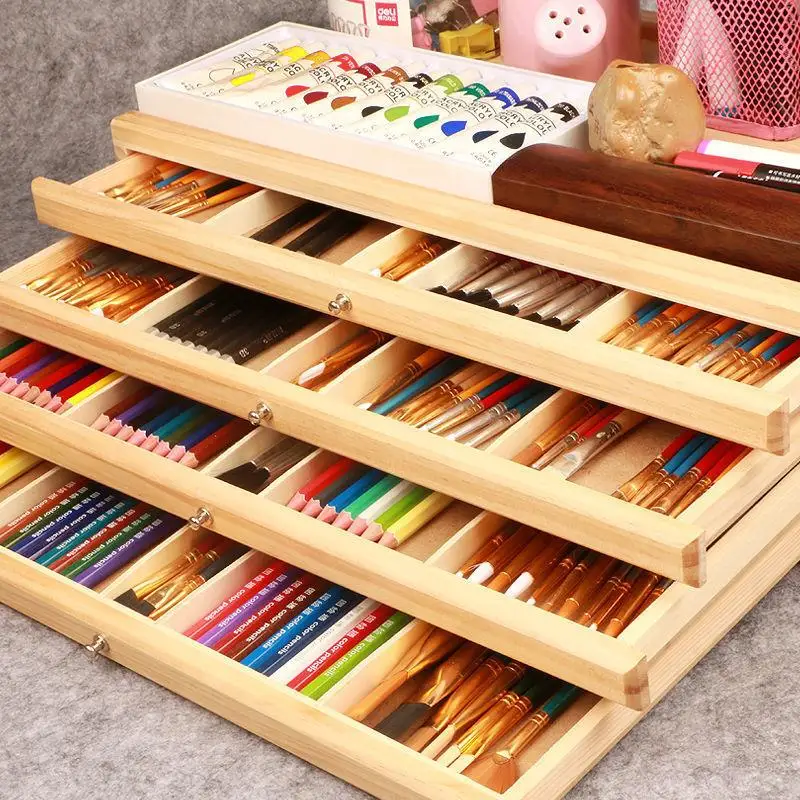 4 Layers Solid Wood Drawer Art Paintbrush Pencils Storage Box Desktop Multifunctional Wooden Organizer For Students