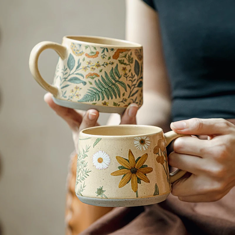 Chinese Style Ceramic Cute Mug, Home Personal Office, Creative With lid Spoon, Floral Pattern, Milk Water Coffee Cup, 360ml, 1Pc