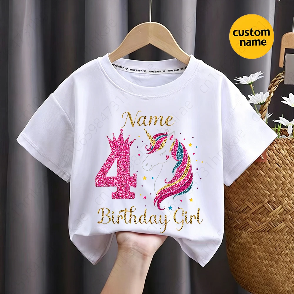 개인화 된 이름 소녀 유니콘 1-12 생일 티셔츠 소녀 파티 티셔츠 어린이 티셔츠  유니콘 의류 탑 티셔츠