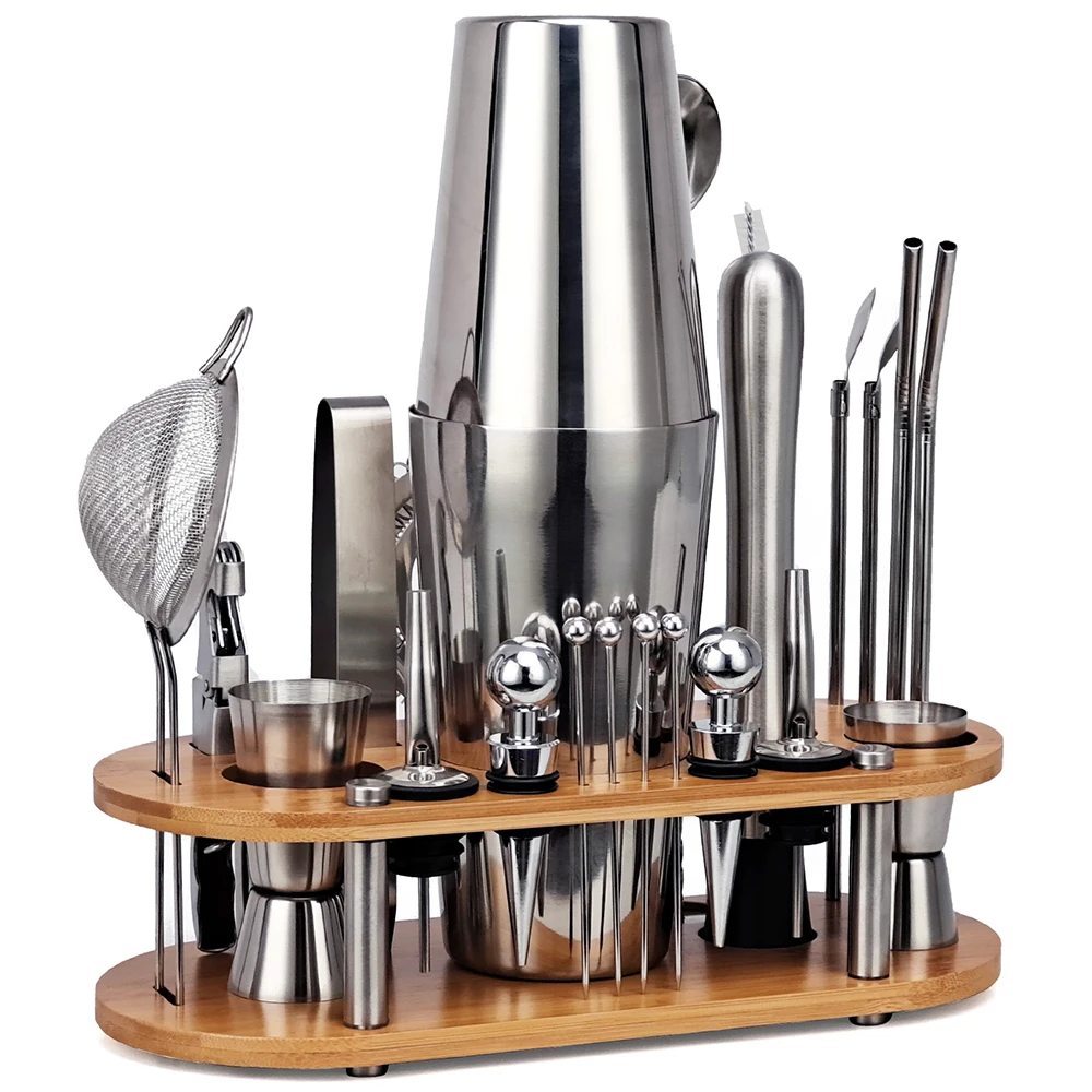 

23Pcs Boston Cocktail Shaker Set Mixer Drink Bartender Kit Stainless Steel Bars Set Tools With Bamboo Rack Stand for Bar Party