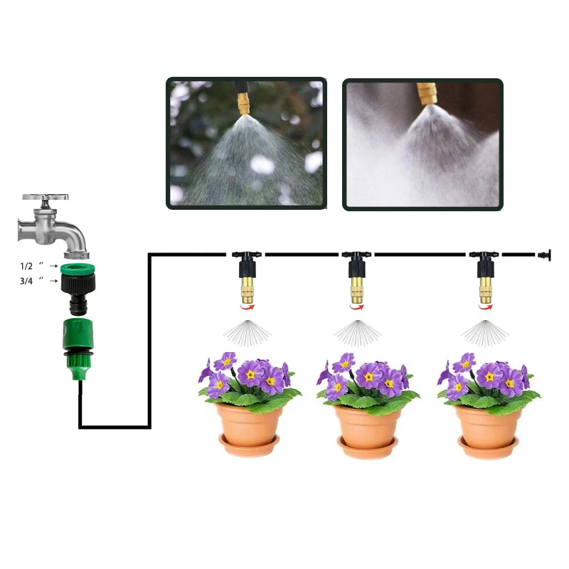 

Adjustable Fog Nozzle Irrigation System Portable Misting Automatic Watering Garden Hose Spray Head with 4/7mm Tee and Connector