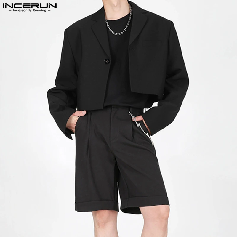 

INCERUN Men Sets Solid Color Streetwear Fashion Long Sleeve One Button Crop Blazer & Shorts 2PCS 2023 Men's Casual Suits S-5XL