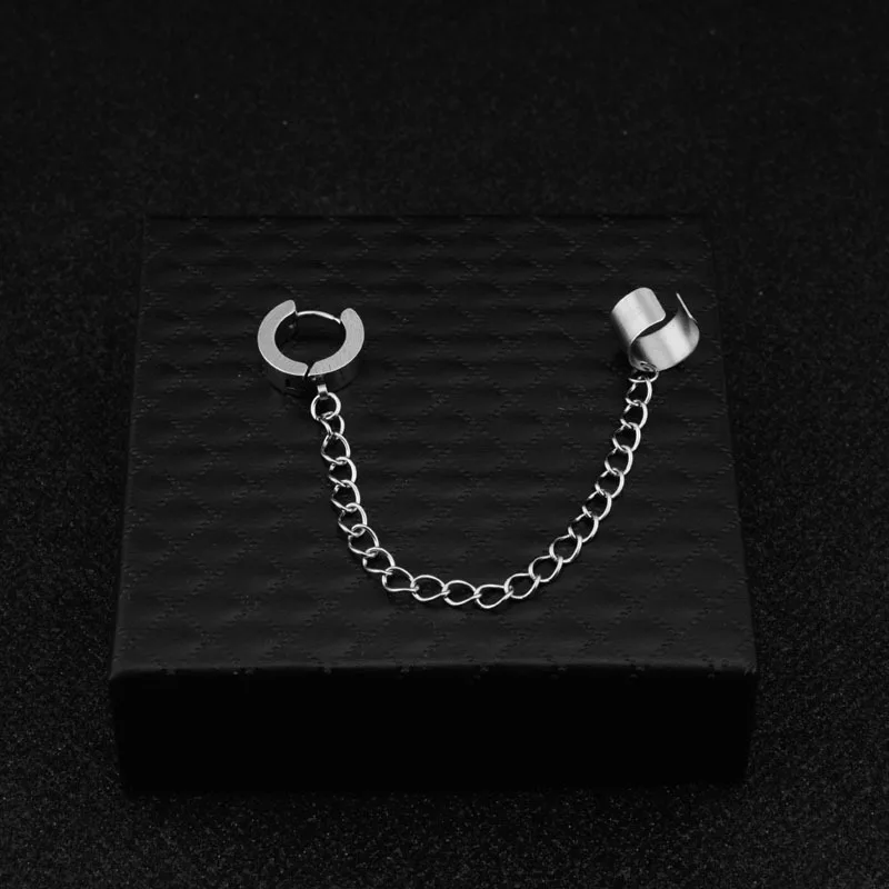 1Pc Titanium Steel Ear Cuff Clip Dangle Drop Chain Earrings for Men Women