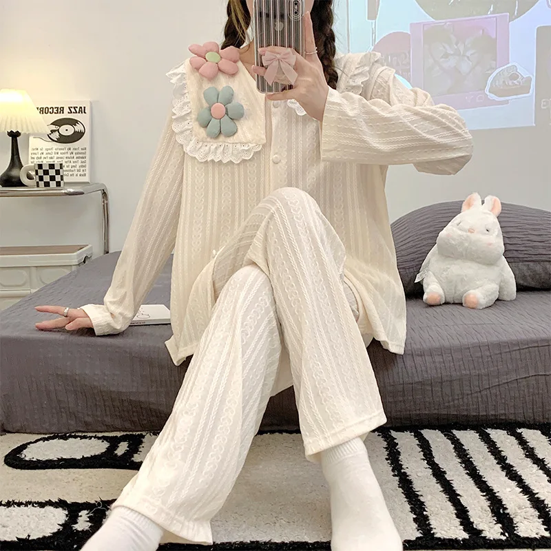 Women 2 Pieces Pajamas Sets Cotton Pijama Flower Female Pyjama Sleepwear Long Sleeve Lapel Shirt Pants Suit Homewear Loungewear
