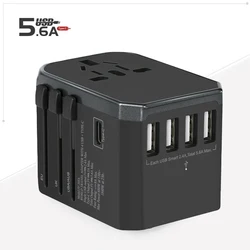 Universal Travel Adapter with USB Type C Charger - International Plug - Universal Plug (Grey)