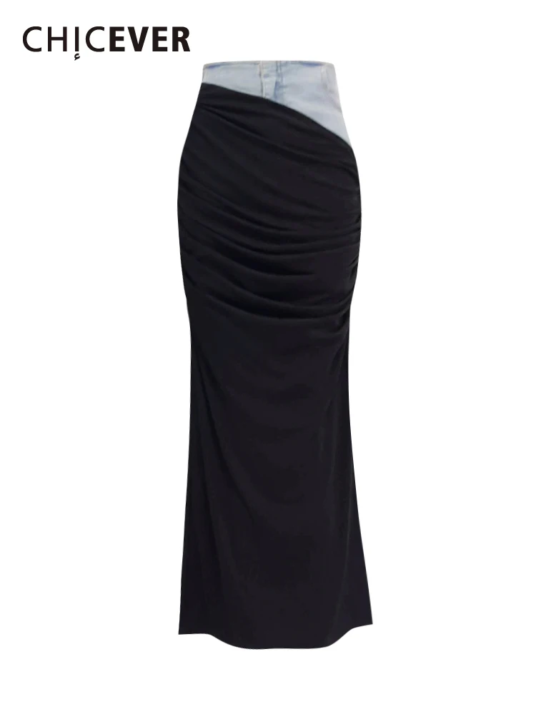 

CHICEVER Temperament Skirts For Women High Waist Folds Slimming Solid Patchwork Denim Fashion Midi Skirt Female Summer Clothing