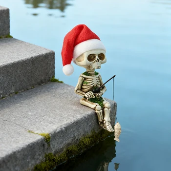 1 fishing skeleton wearing a Christmas hat