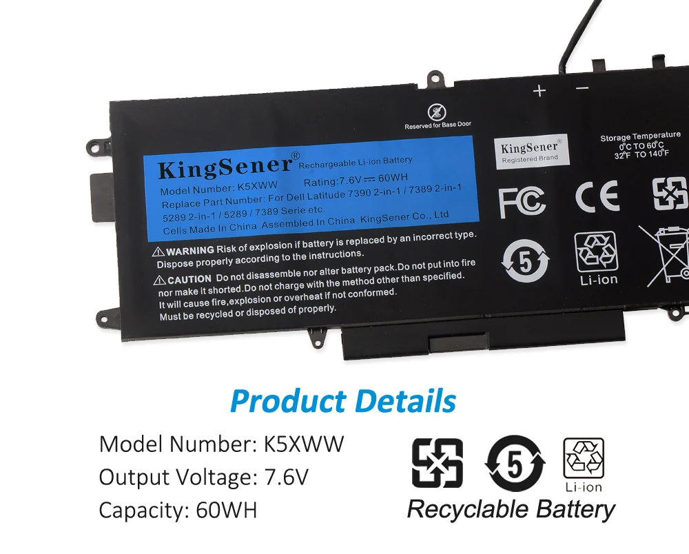 Bateria do Portátil de Kingsener K5xww para Dell Latitude 5289 7389 7390 2-em1 Série Caderno 71tg4 725ky N18gg 7.6v 60wh - Imagem 2