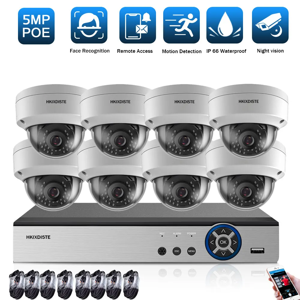 

H.265 8CH 5MP NVR Kit Outdoor CCTV POE Security Camera System Set Vandalproof IP Dome Camera Video Surveillance System Kit XMEYE