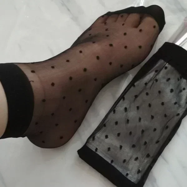 Women's Ultrathin Nylon Mid-tube Socks Black Skin Dot Silk Socks Summer Short Hosiery Breathable Non-Slip Stretch Ankle Sox