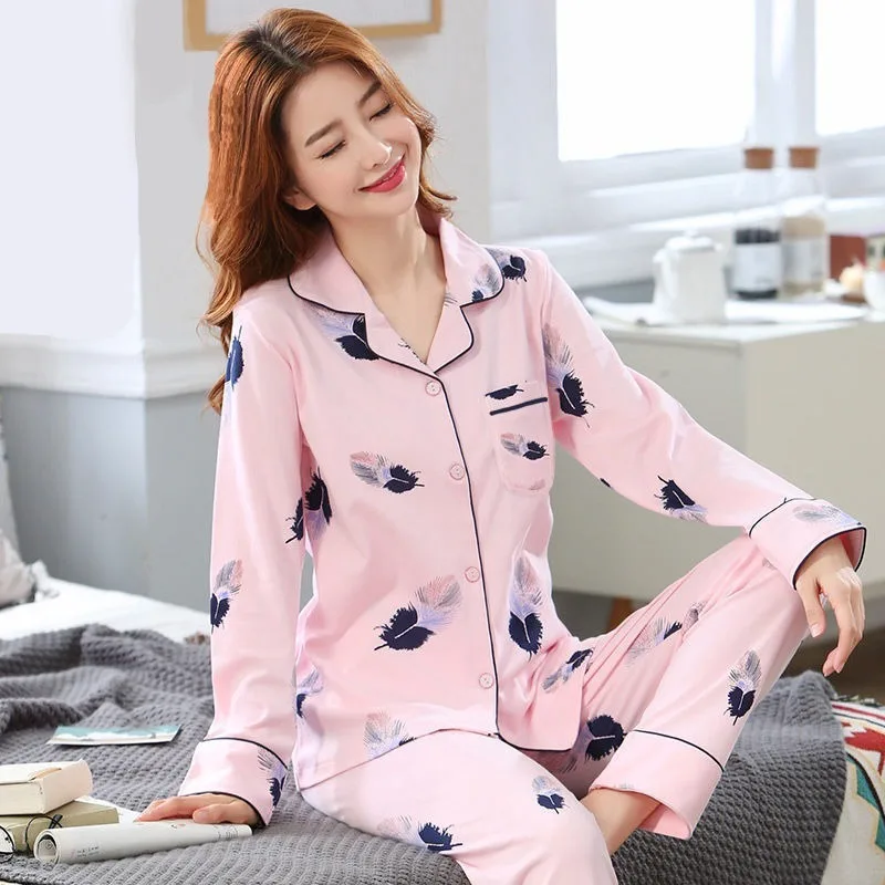 Spring Autumn Women's Thin Pajamas Lapel Long Sleeve Cardigan Pants Casual Home Clothing Set Cartoon Cute Printed Sleepwear