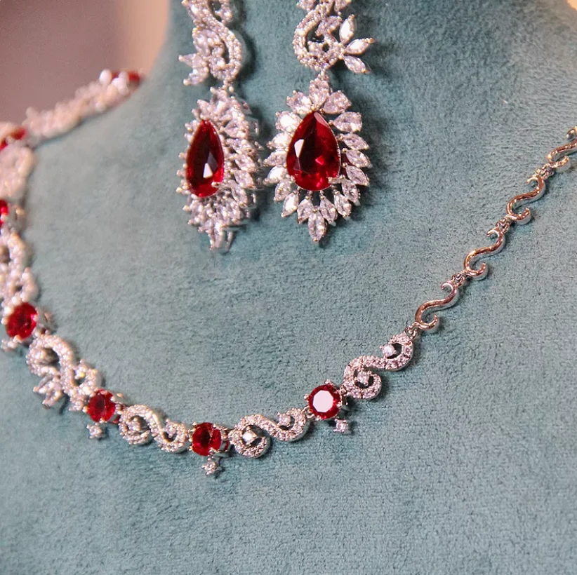 Bridal necklace Red gemstone wedding dress Earrings Set Strapless dress Accessories Wedding dinner accessories luxury jewelry 3