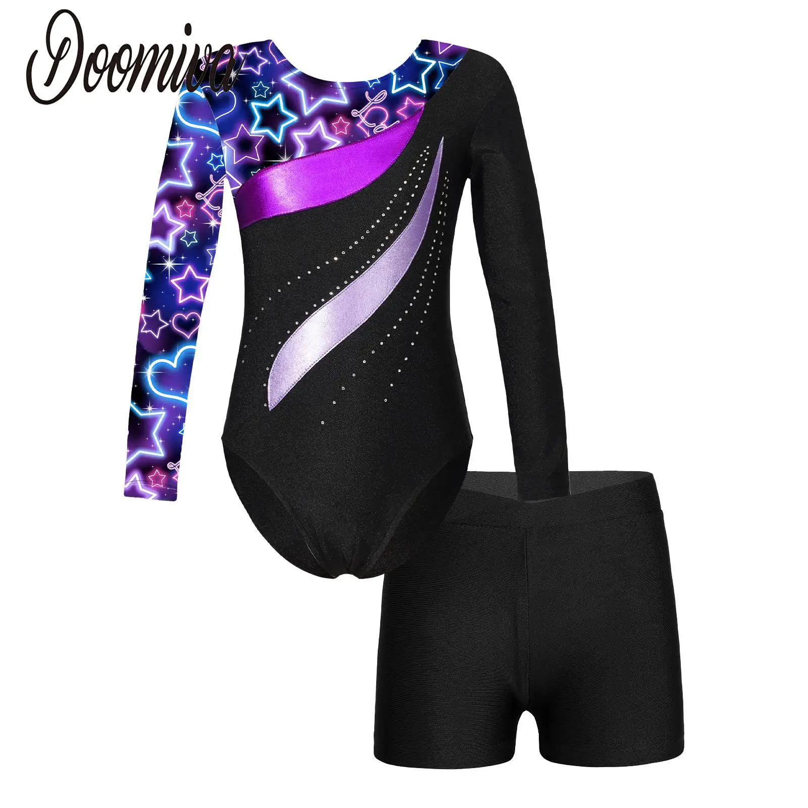 

Kids Girls Long Sleeve Gymnastics Ballet Costume Leotard Bodysuit with Shorts Set 2 Pcs Set Tracksuit Tumbling Dance Outfits