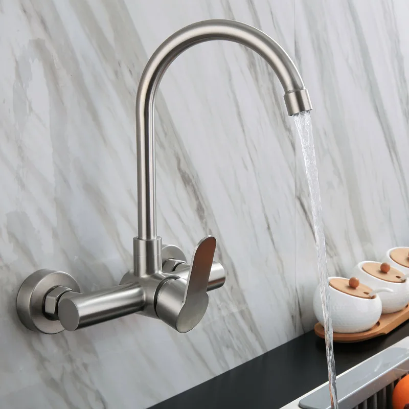 Wall Mounted Dual Hole Kitchen Faucet Lead Free Hot Cold Water Mixer Washing Tub Crane 360 Swivel Balcony Laundry Mop Pool Tap