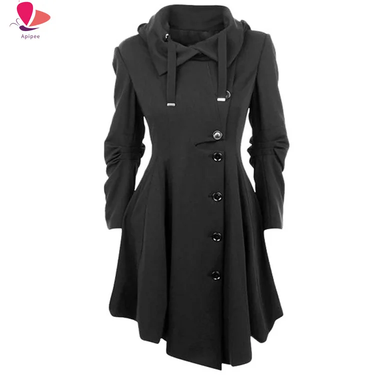 

7XL Pea Coat Women's Long Fleece Pea Jacket Gothic Trench Coat Winter Punk Collar Peacoat Outwear Slim Hood Dress Coat