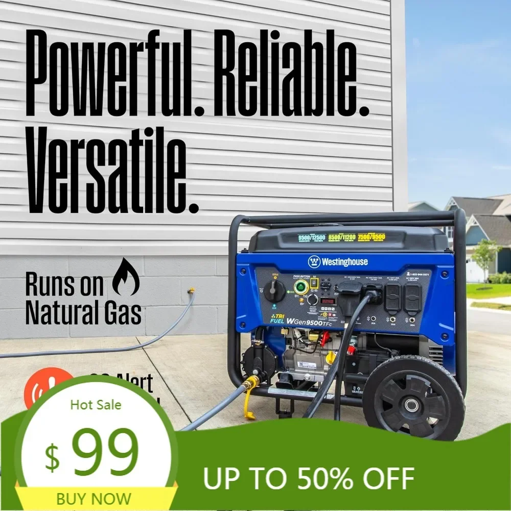 12500 peak watt tri-fuel home backup portable generator, remote electric start, transfer switch ready, gas, propane, and natura