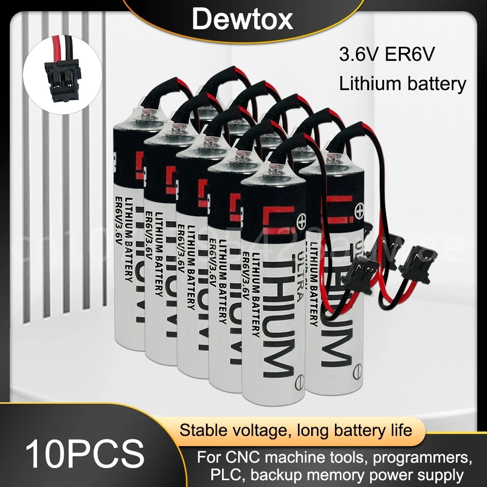 

10PCS 100% Original ER6V 3.6V 2000mAh PLC Lithium Battery with Black Plug for CNC Machine Tools PLC Batteries