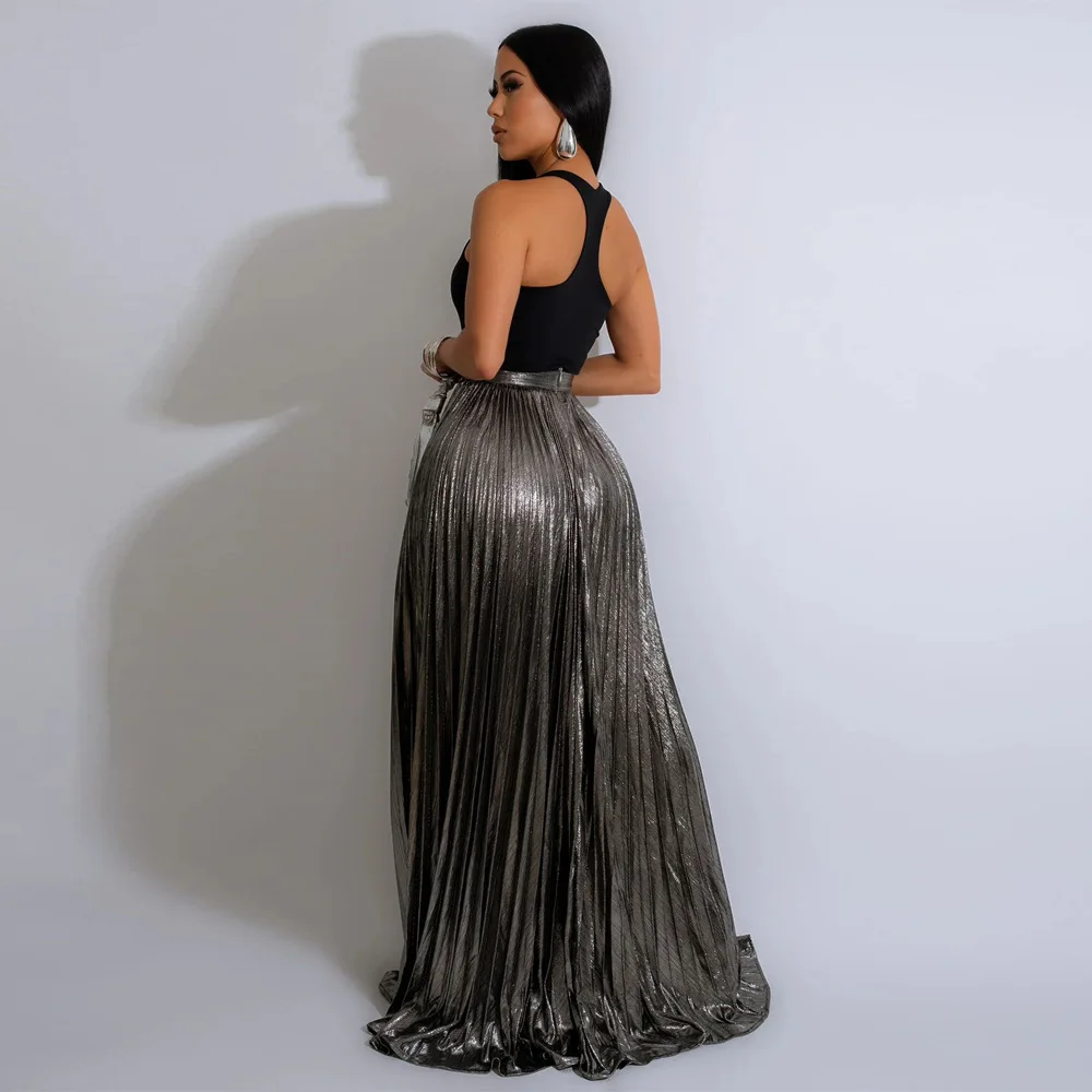 CM.YAYA Women Fashion 2024 Spring High Side Split Big Swing Pleated Floor Length Skirt High Waist Street Party Long Maxi Skirts