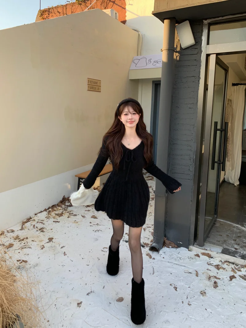 Women Korean Ballet Core Mini Dress V-Neck Frocks Solid