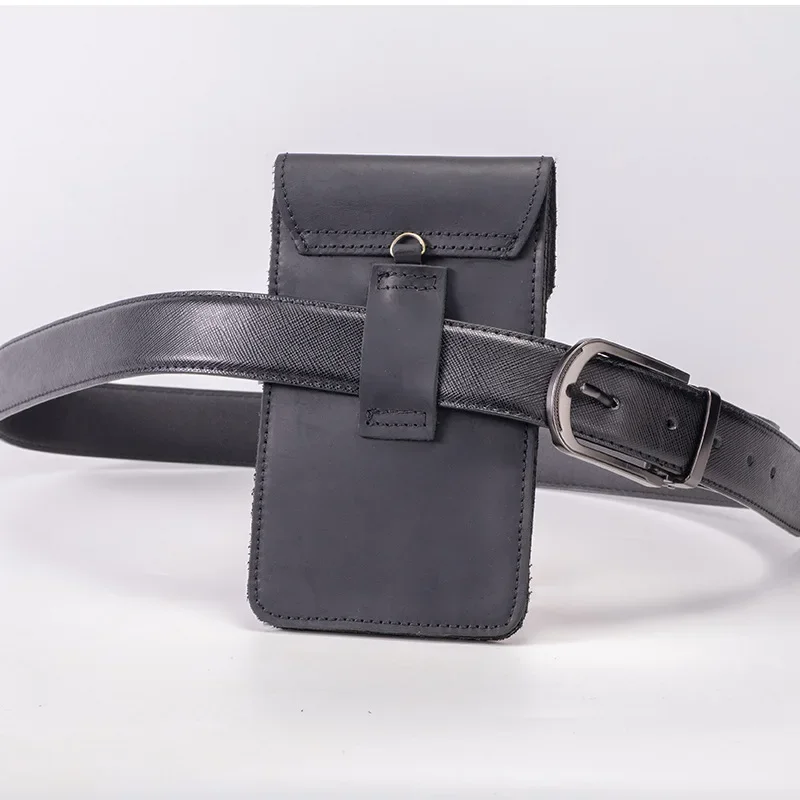 Top Layer Cowhide Leather Double Layer Vertical Belt Wearing Mobile Phone Bag Men's Two Layer Hanging Waist Bag