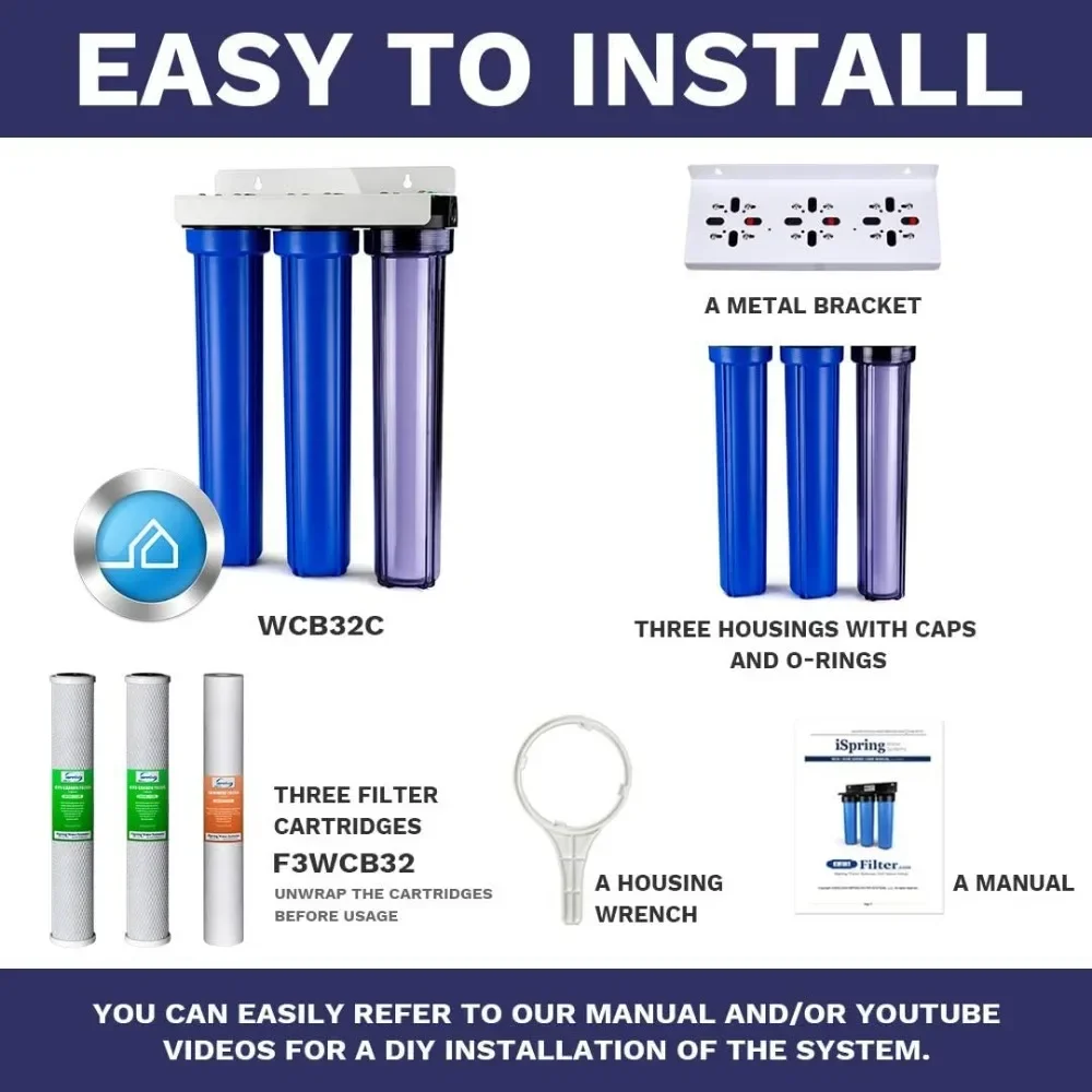 Whole House Water Filter System, Reduces Chlorine,Sediment,Taste,Odor, 3-Stage Water Filtration System W/ 20"x2.5" Filters