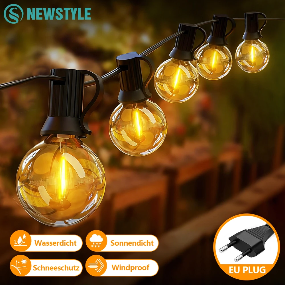 야외 스트링 조명 G40 LED 파티오 조명 EU 플러그 에디슨 전구 방수 걸이형 조명 뒷마당 파티 웨딩 캠핑 램프