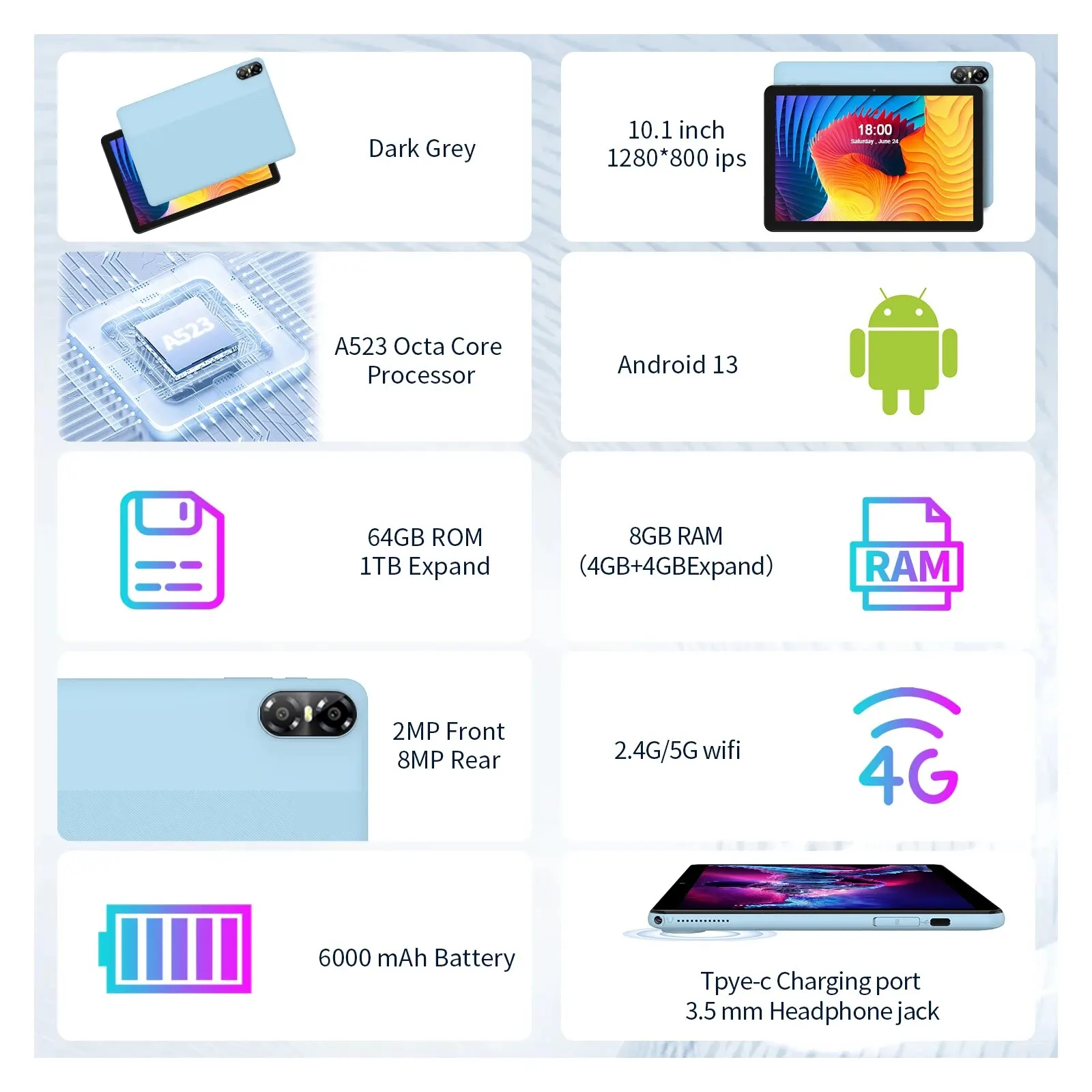 PRITOM TOUCH 10 Plus 10 Inch Android 13 Tablet, 8(4+4)GB+64GB 1TB Expand, WiFi 6, Dual Box Speakers, BT5.0, Google GMS, 2.0GHz 4