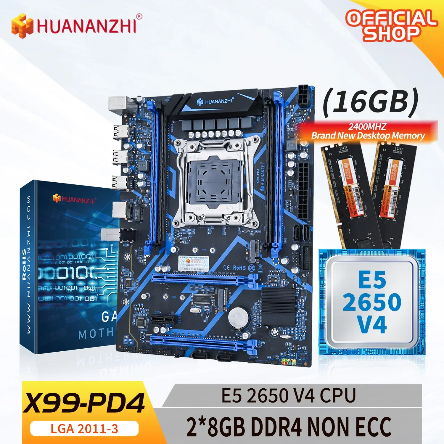 

HUANANZHI X99 PD4 LGA 2011-3 XEON X99 Motherboard with Intel E5 2650 V4 with 2*8G DDR4 NON-ECC Combo Kit Set M.2 NVME SATA