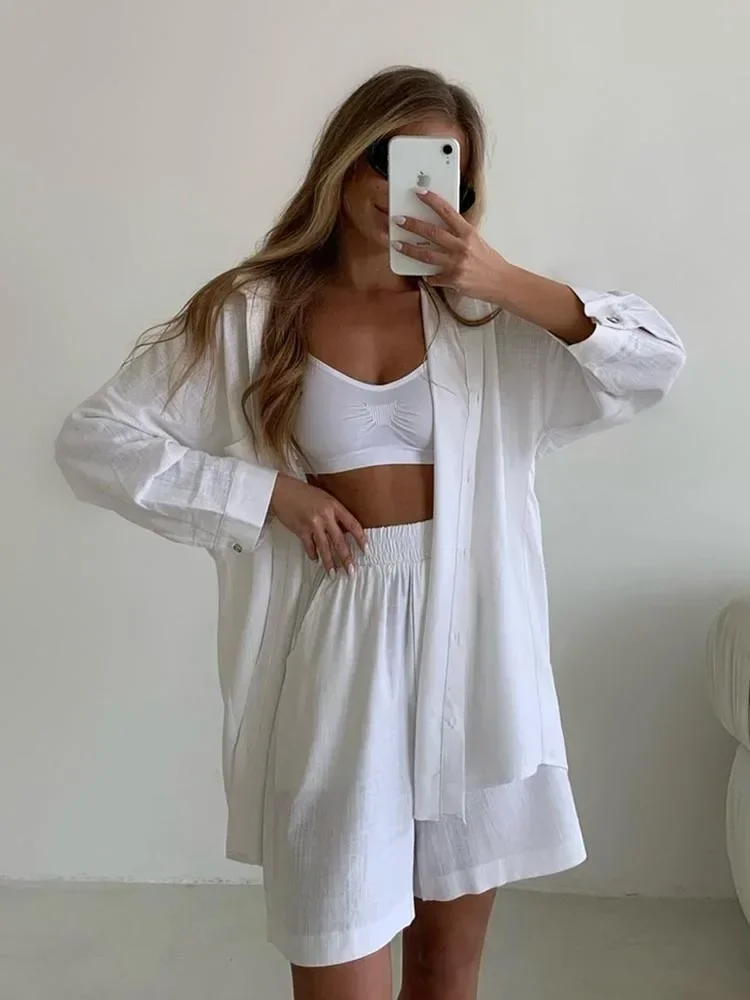 Women's Short Summer Set Two Piece 100% Cotton and Linen New Fashion Blouse Solid Ventilate Two Piece Sets Women Outfit 2024