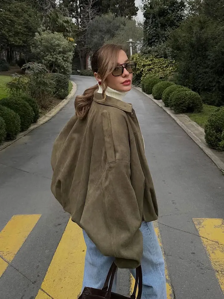 HH Women Suede Bomber Jacket Vintage Solid Lapel Zipper Long Sleeve Coat With Pockets 2025 Fashion Lady High Street Outwear