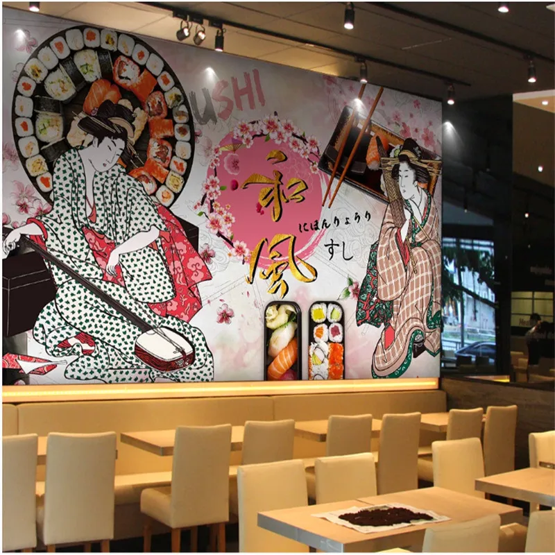 

Japanese Ukiyo-e Ladies Cuisine Theme Mural Wallpaper Japanese Sushi Restaurant Black Background Wall Paper 3D Papel De Parede