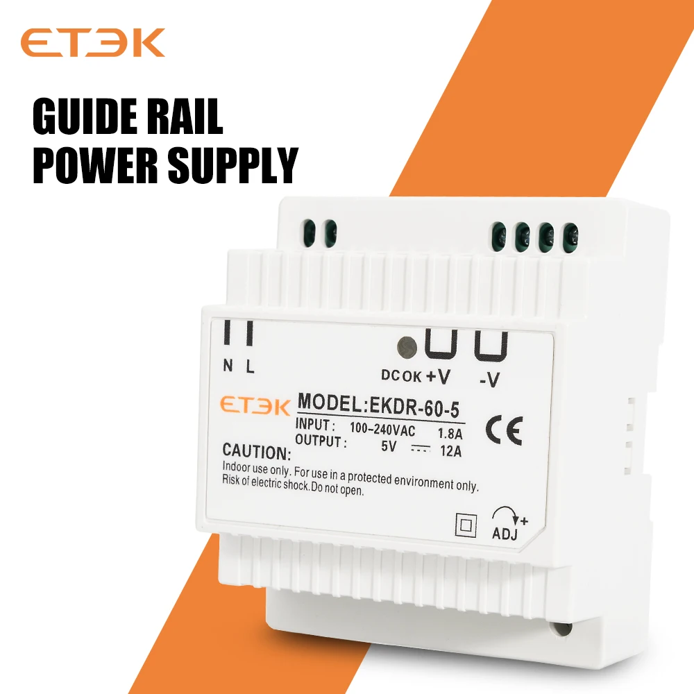 ETEK DR-15/60 Series 5V 12V 24V Output Voltage 15W 60W Din Rail Type Small Volume Switching Power Supply Transformer EKDR