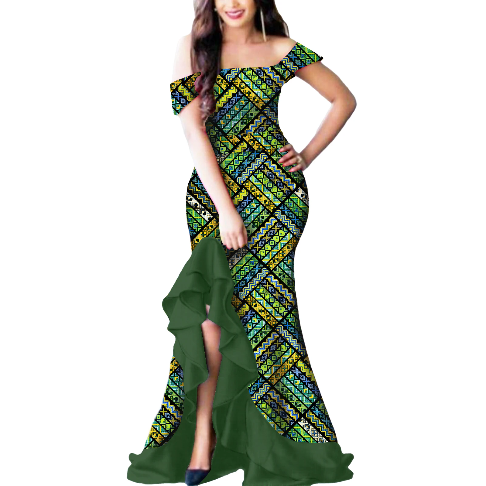 

African Print Dress for Women Off Shoulder Maxi Africa Tribal Clothes Elegant Dashiki for Wedding Party