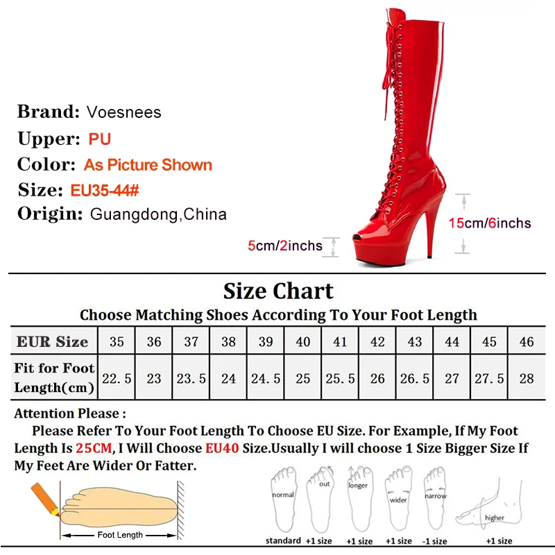 Red Black Knee Length Leather Women Boots 6Inch High Heels Gladiator Pole Dance Shoes Lace Up 15CM Black Waterproof High Boots