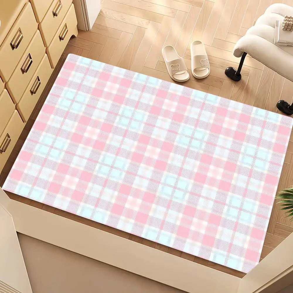 Pink Print Mat Pink Plaid Floor Mat Suitable For Living Room Kitchen Bathroom Non-slip ...
