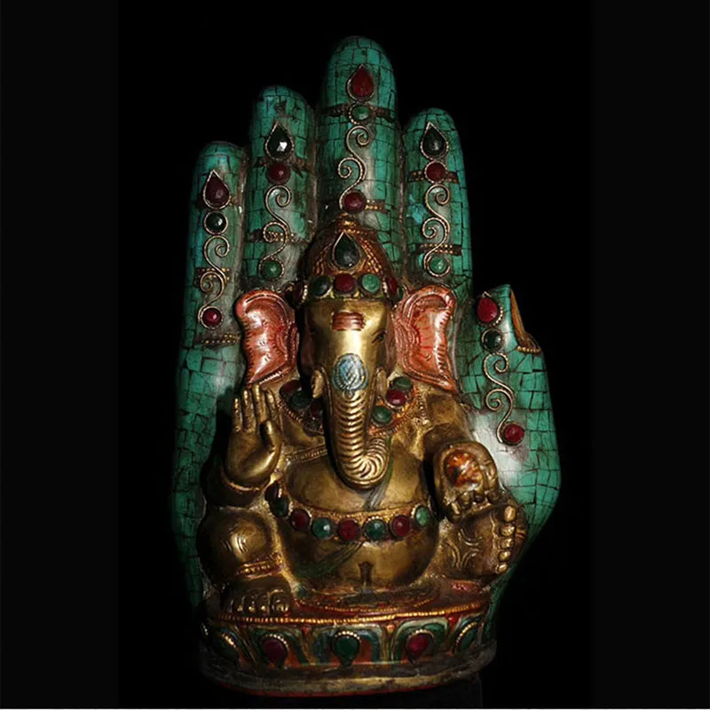 

Nepal Pure Brass Painted Inlaid Gemstones Bergamot Trunk Elephant Trunk Ornaments Lucky Town House Thai Elephant God Statue