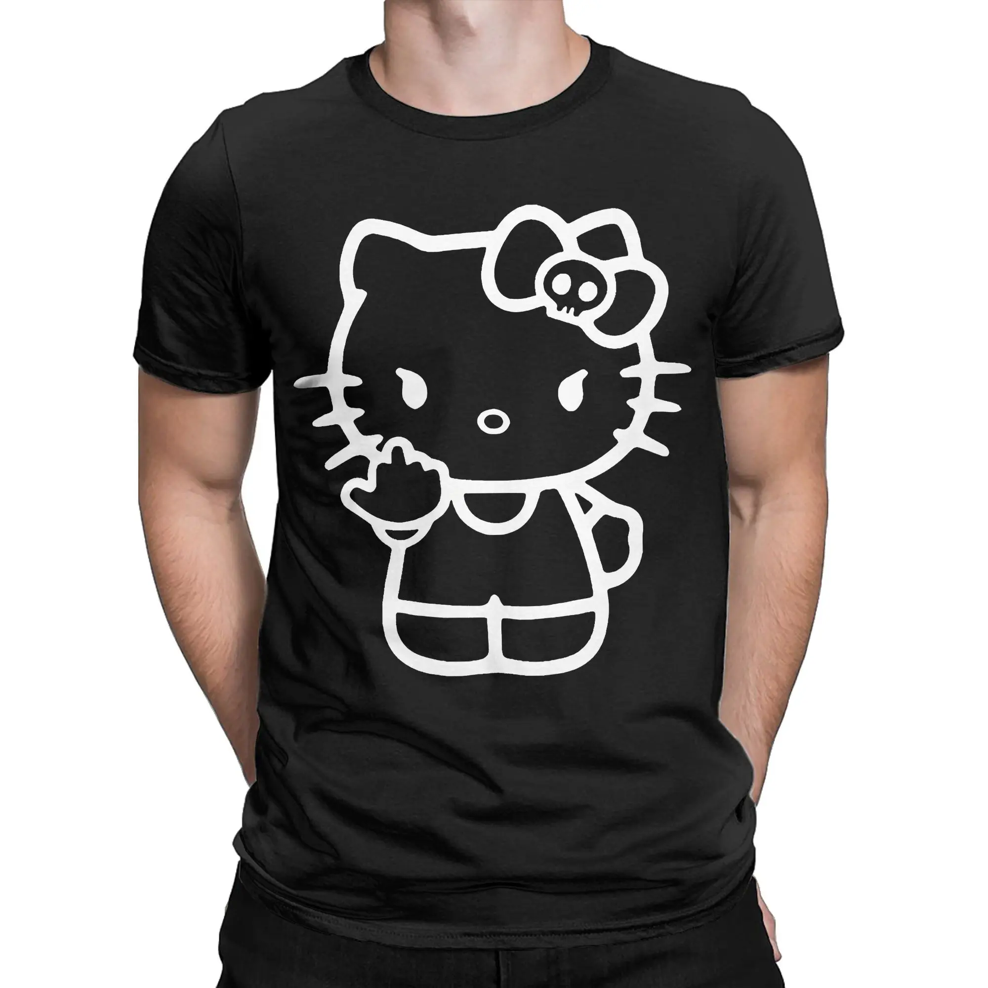 Hello Kitty Middle Finger T Shirt for Men Cotton Funny T-Shirts O