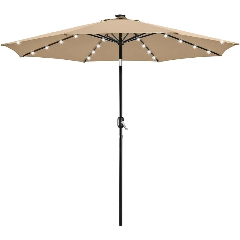 

9FT Solar Powered Patio Umbrella - UV Protection Market Table Umbrella w/ 32 LED Lights & Push Button Tilt & Crank Lift System