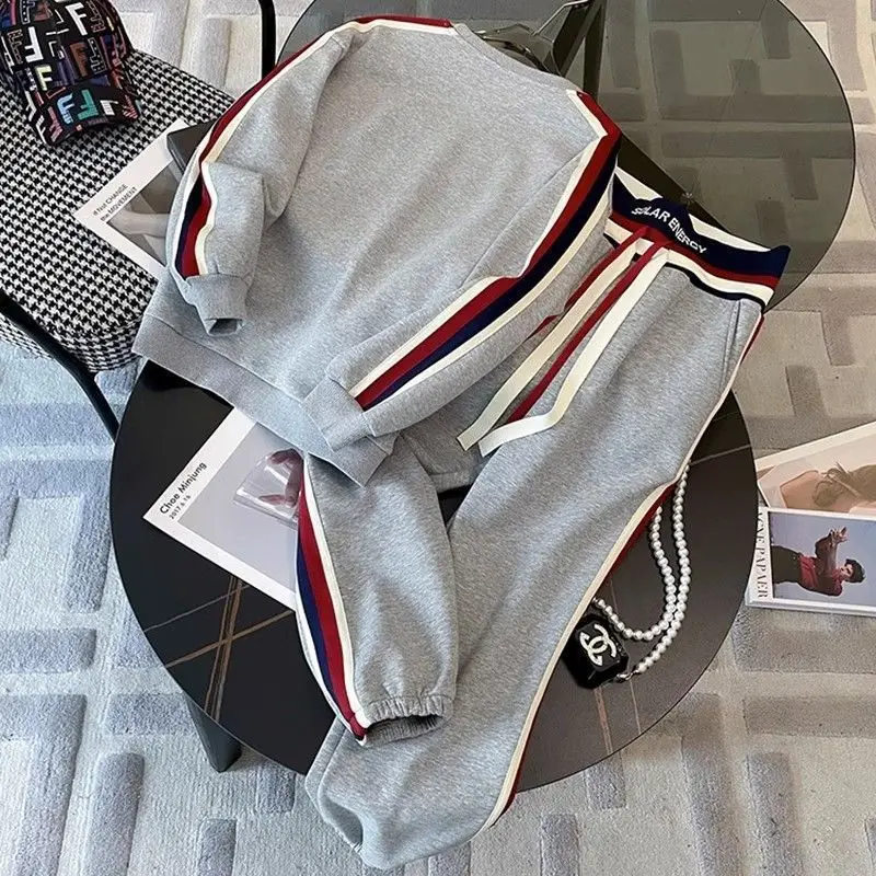 طقم ملابس رياضية كاجوال مبطن بالصوف للسيدات، سويت شيرت عصري مكون من قطعتين، ملابس شارع عصرية مقاس كبير