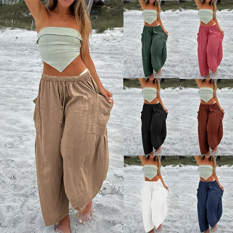 Women's Elastic Waist Fold High Waist Wide Leg Pants Loose Casual Cotton Hemp Long