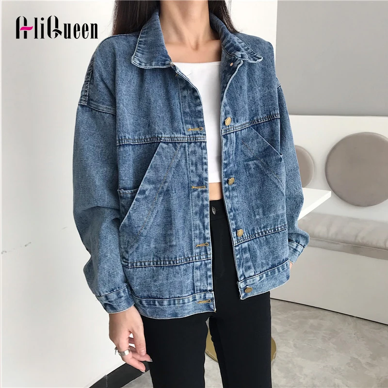 

Женская джинсовая куртка с отложным воротником, простая винтажная Базовая модная синяя джинсовая куртка в Корейском стиле, верхняя одежда для весны