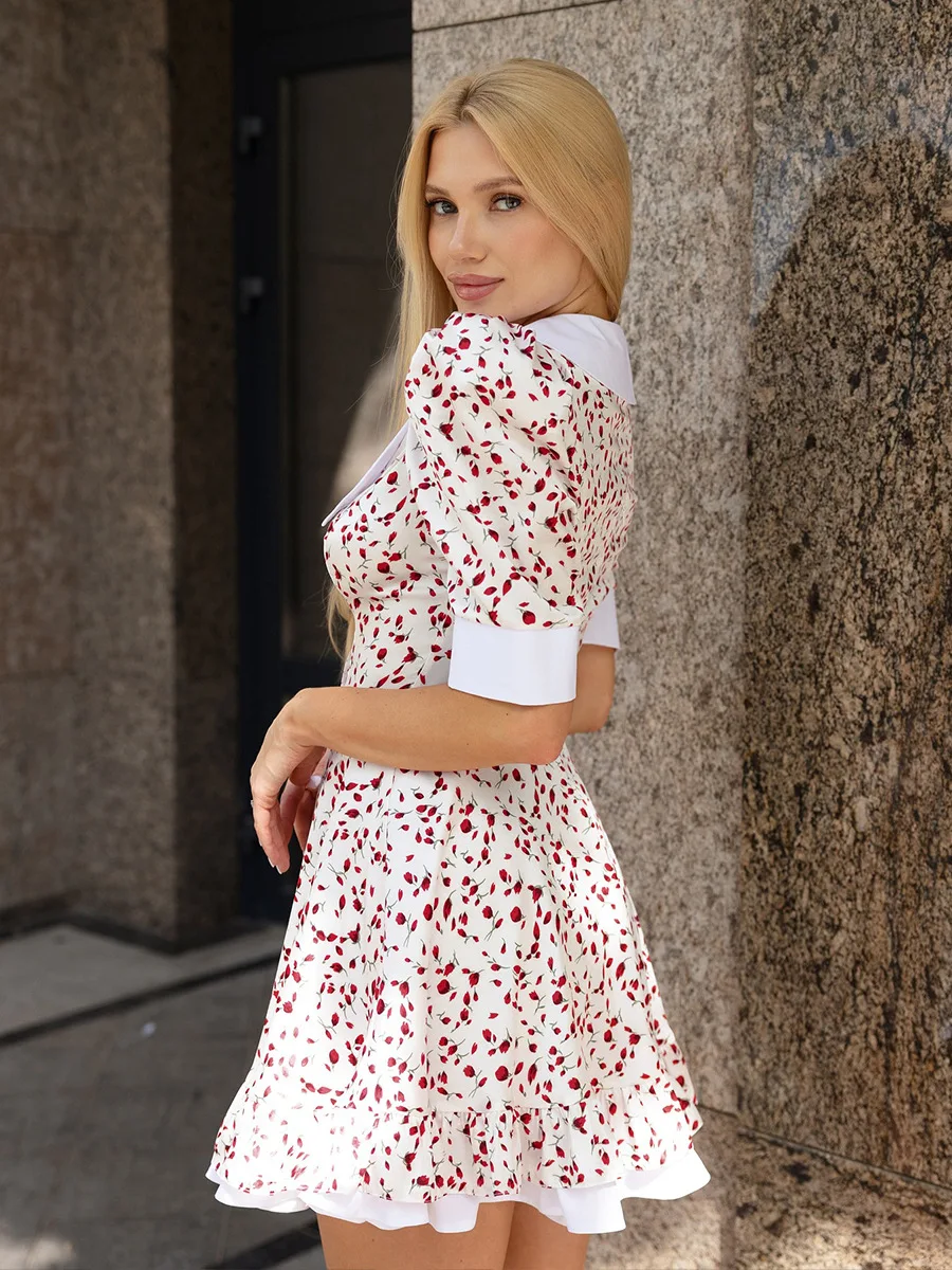 Bornladies Women's V-neck Printed Dress Summer Bew Style Ladies Sweet Bubble Sleeve Short Skirt Doll Neck Dress